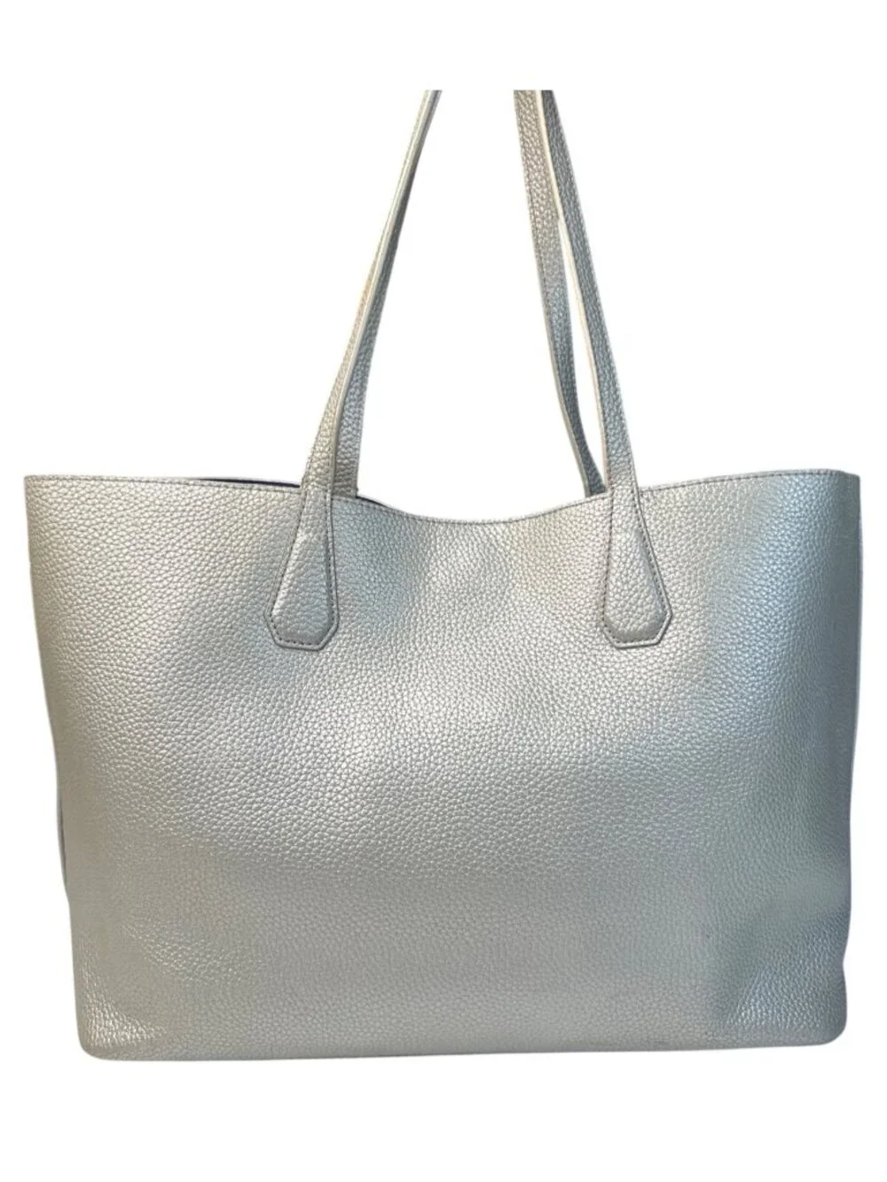 Tory Burch Metallic Silver Leather Tote Bag W/Blue Interior & Pocketed Design